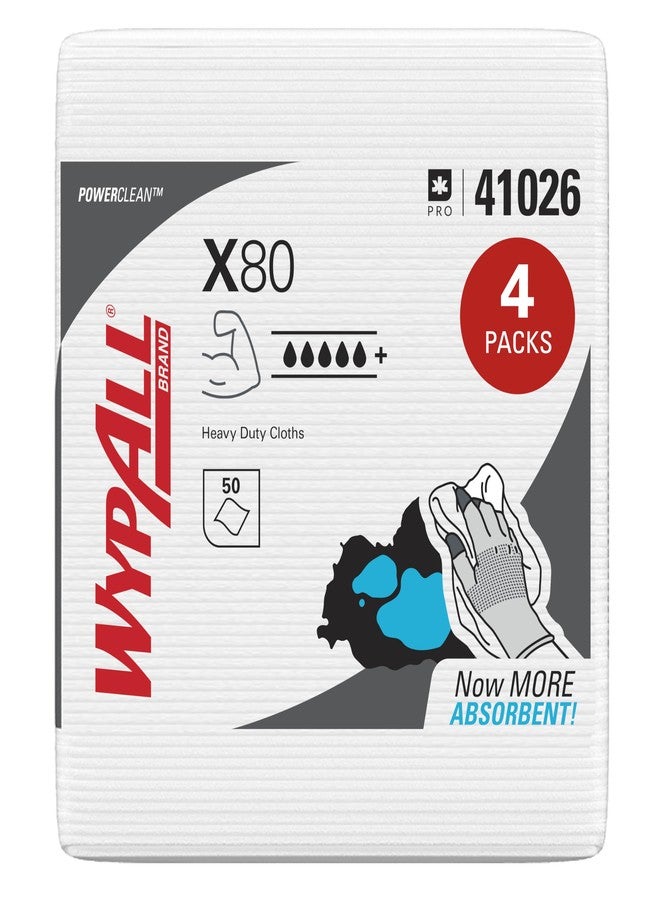 WypAll PowerClean X80 Cloths Heavy Duty Wipes (41026), Quarterfold, Extended Use Towels, White (4 Packs of 50 Sheets, 200 Sheet Total) - Image 1